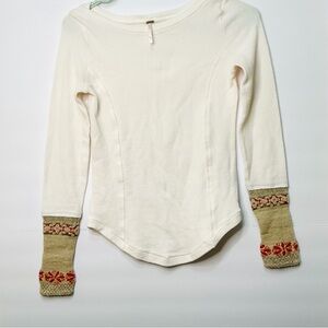 Free People Cream Art School Cuff Thermal Boho Waffle Knit Long Sleeve S